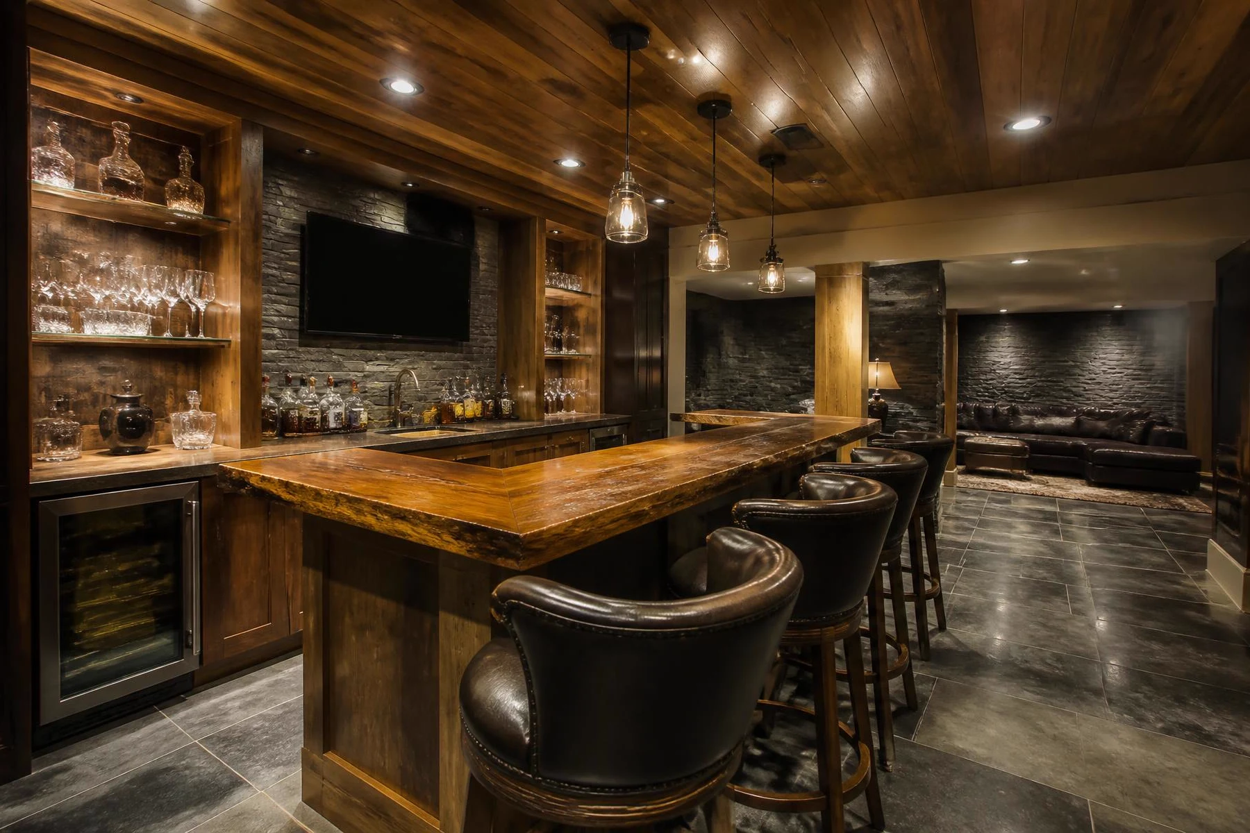 Finished basement with custom home bar, millwork and wood ceiling treatment