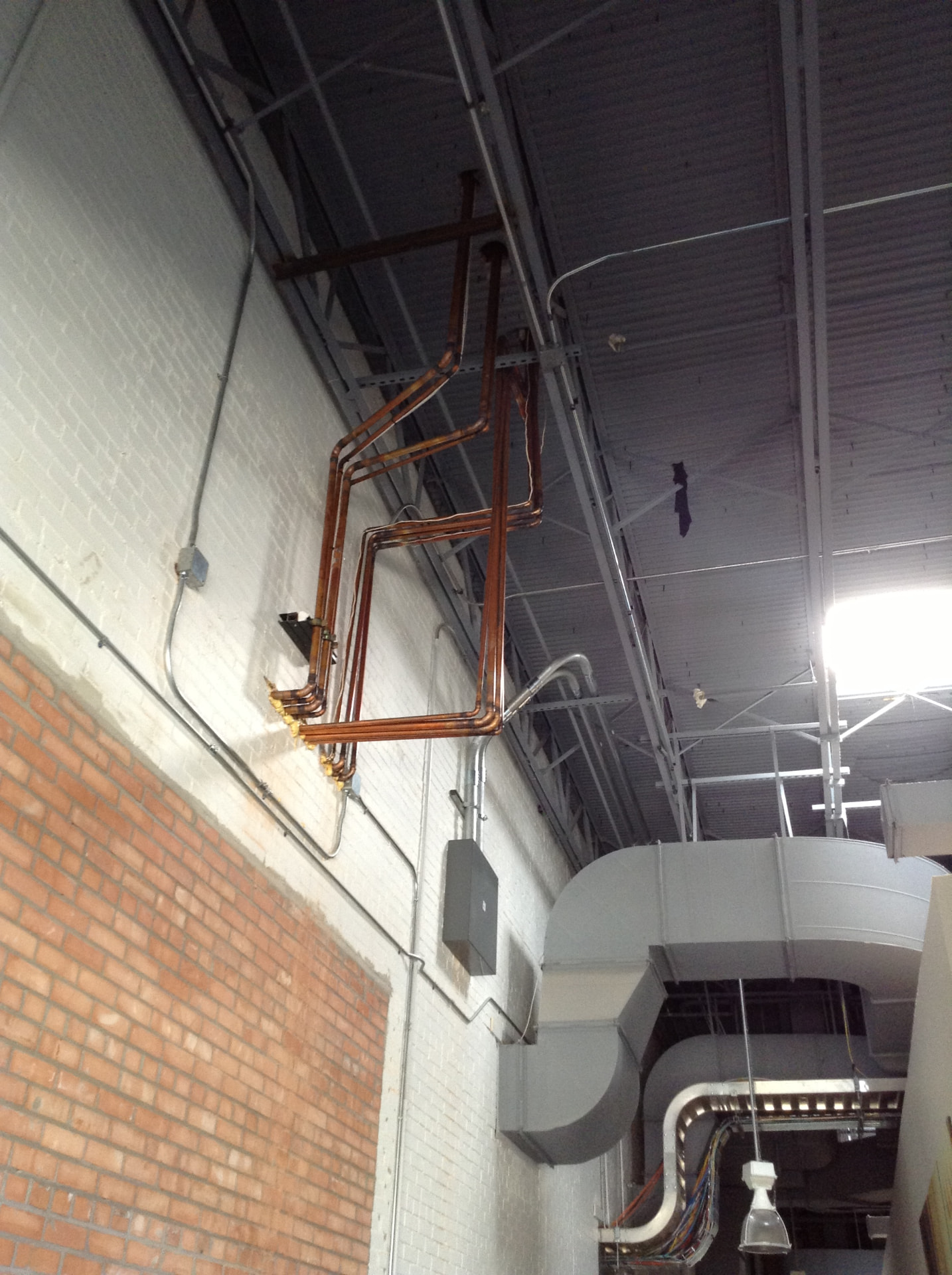 Exposed overhead mechanical and plumbing rough-in coordinated with lighting