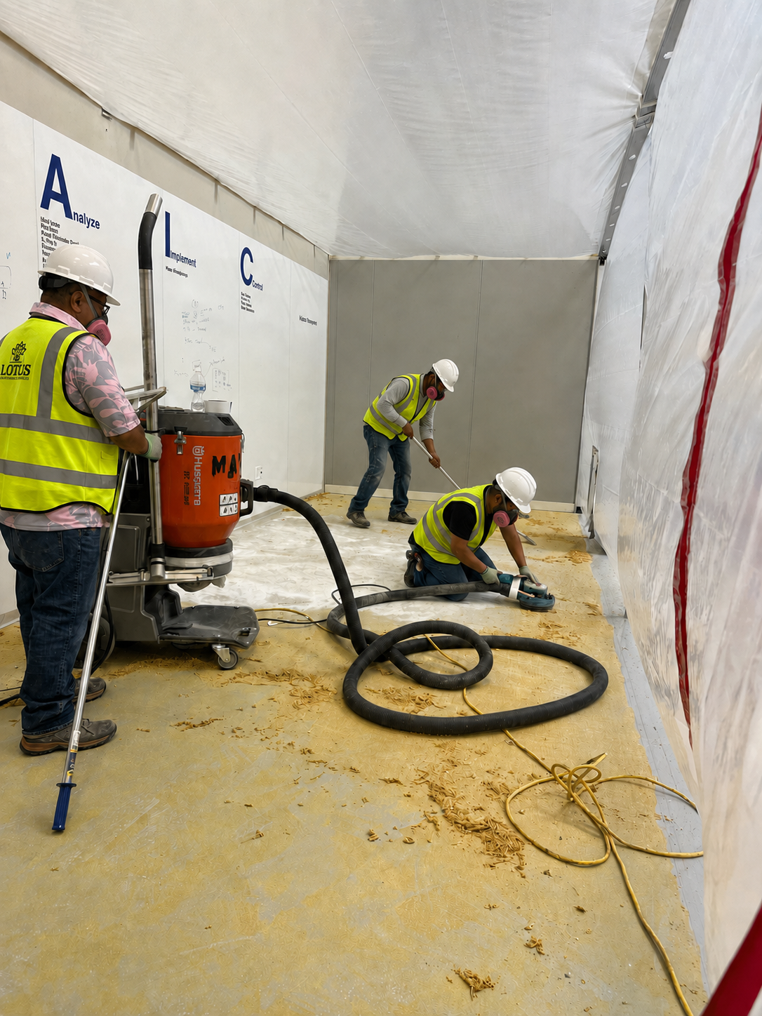 Containment enclosure under negative air pressure during cleanroom construction