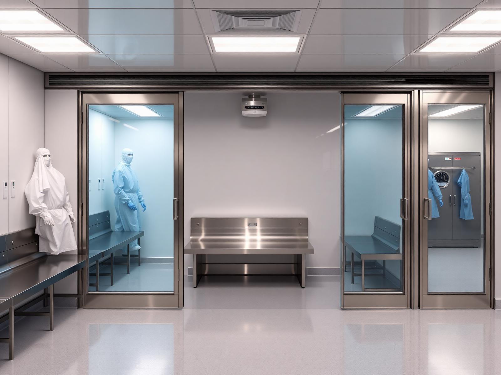 Representative gowning room with stainless bench, garment storage and stepped clean-side transition