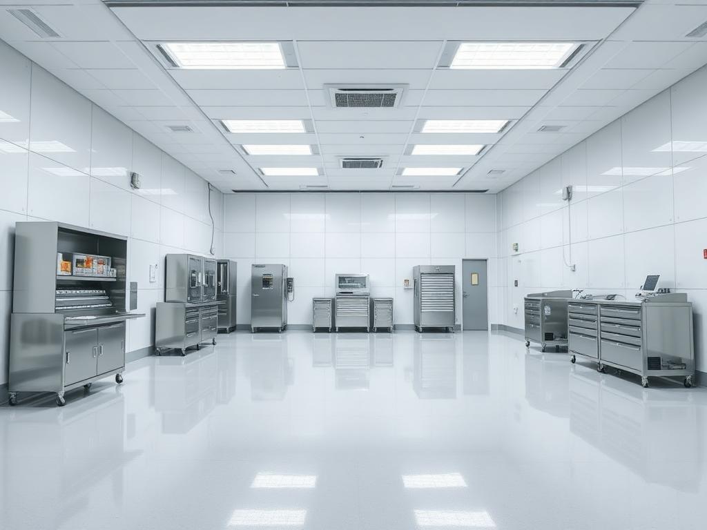 Representative cleanroom bay with full filtered ceiling coverage, polished light gray flooring and stainless tool enclosures
