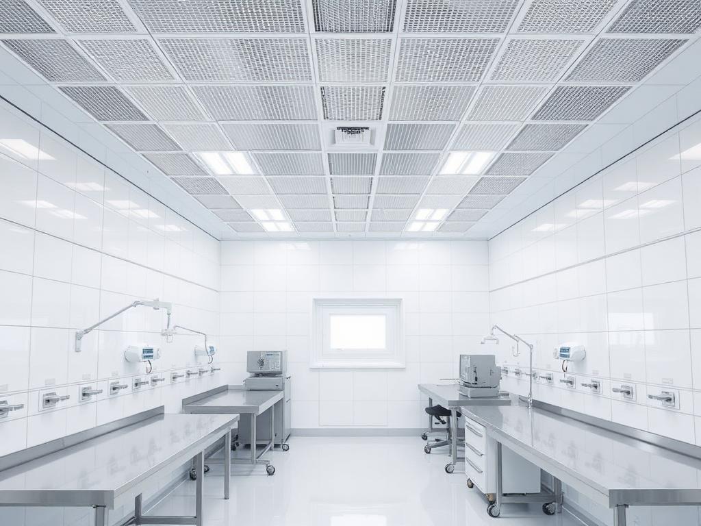Representative controlled processing room with filtered ceiling coverage, sealed wall panels and stainless work surfaces