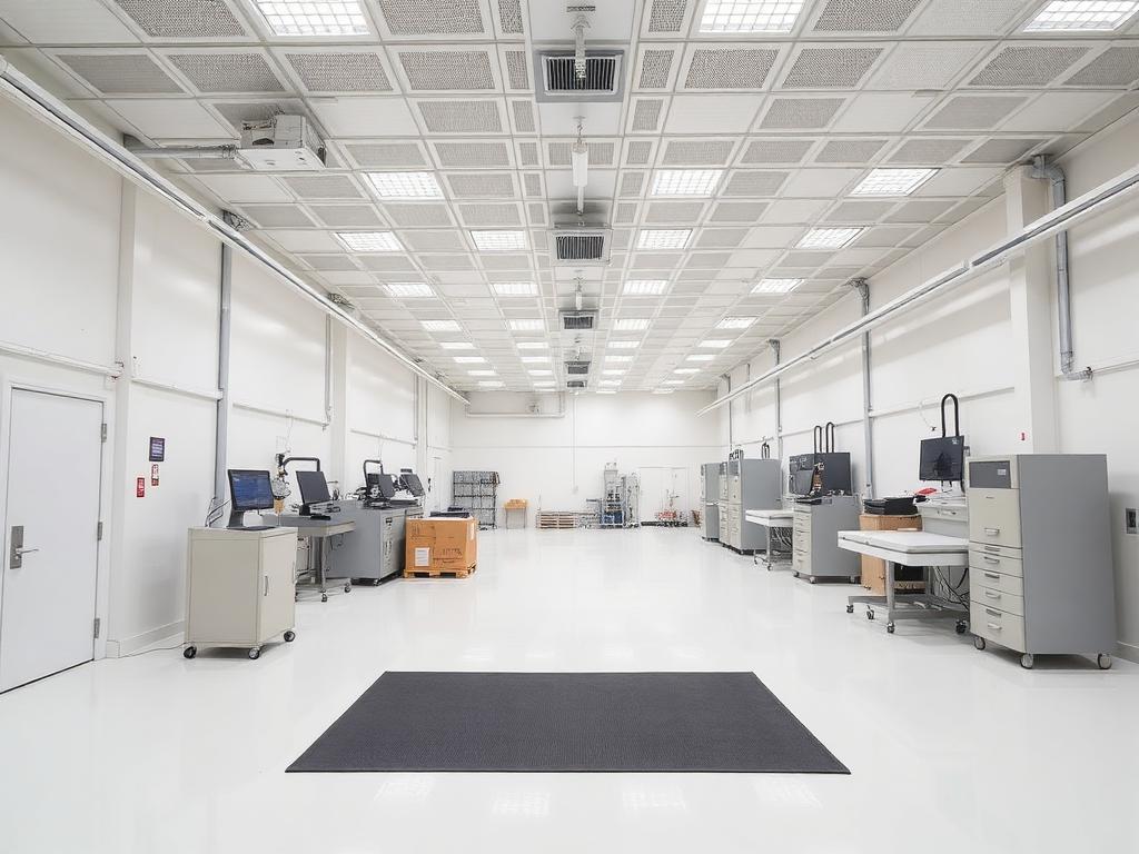 Representative controlled packaging area with sealed ceiling grid, epoxy floor and equipment along the perimeter